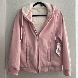 NEW Ultrasoft heather pink full zip Sherpa hooded jacket. XL